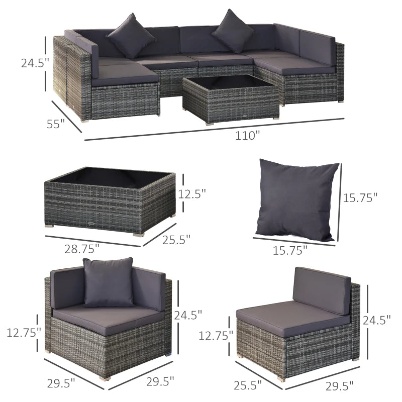 Outsunny 7 Piece Outdoor Patio Furniture Set, PE Rattan Wicker Sectional Sofa Patio Conversation Sets with Couch Cushions, Throw Pillows and Slat Coffee Table, Stripe, Gray
