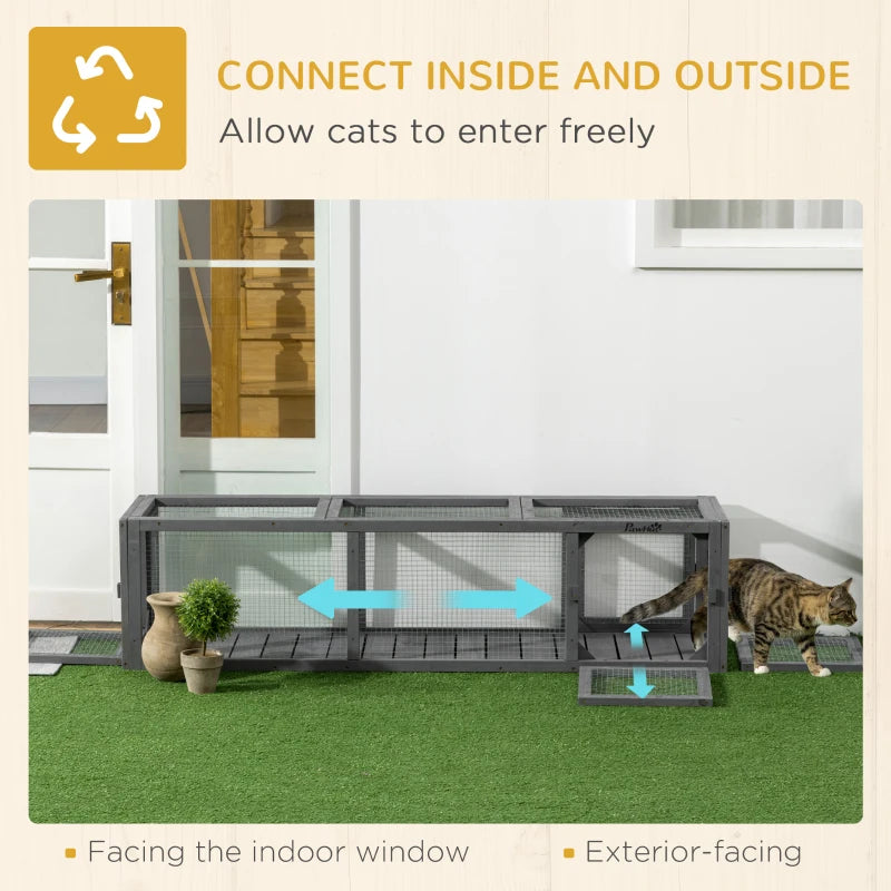 PawHut 59" Long Cat Tunnel with Extendable Design, Wooden Outdoor Cat Tunnel House with Weather Protection, Cat Tube Toy Enclosure, Connecting Inside Outside for Deck Patios, Balconies