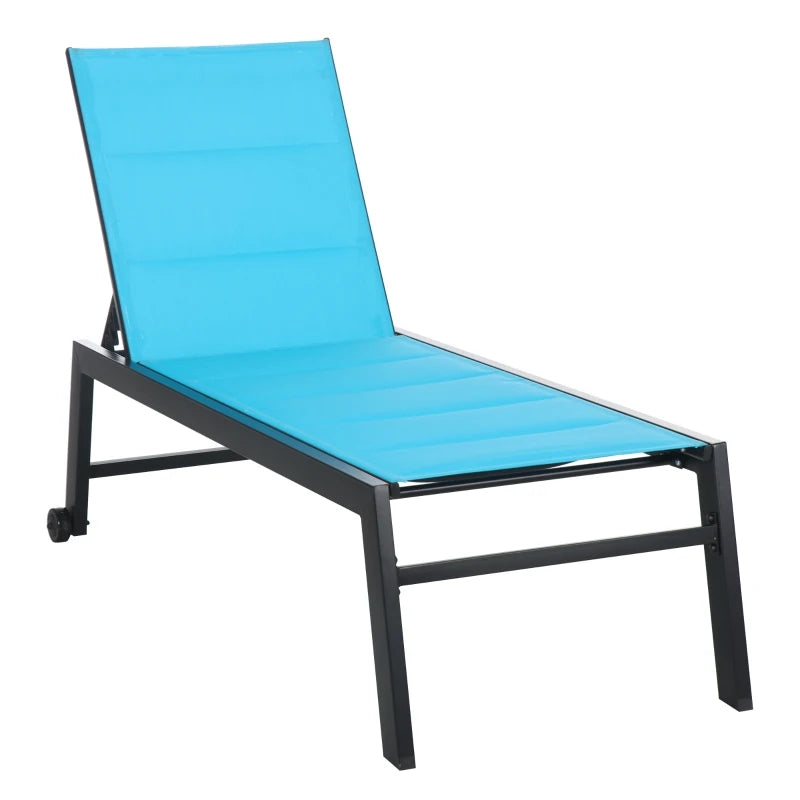 Outsunny Outdoor Chaise Lounge with Wheels, Five Position Recliner for Sunbathing, Suntanning, Steel Frame, Breathable Fabric for Beach, Yard, Patio, Blue