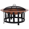 Outsunny 35" Outdoor Fire Pit Wood Burning Black Rustic Cauldron Style Steel Bowl with Log Poker and Mesh Screen Lid for Safety