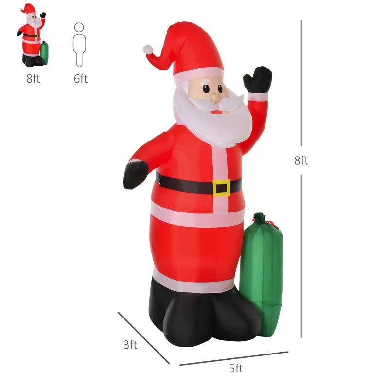 Outsunny 8ft Inflatable Christmas Santa Claus Holding Candy Cane with Furry Beard, Blow-Up Outdoor LED Yard Display