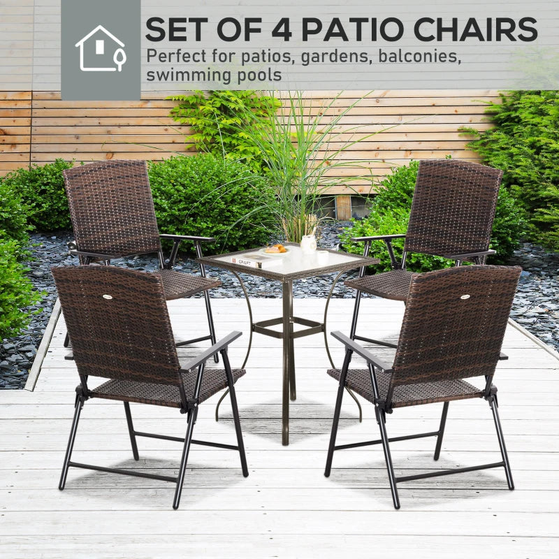 Outsunny Folding Patio Chair Set of 4, Rattan Folding Chairs with Armrest, Steel Frame for Outdoors, Camping, Mixed Brown