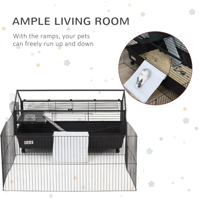 PawHut Rolling Metal Rabbit, Guinea Pig, or Small Animal Hutch Cage with Main House and Run