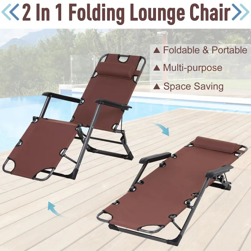 Outsunny Tanning Chair, 2-in-1 Beach Lounge Chair & Camping Chair w/ Pillow & Pocket, Adjustable Chaise for Sunbathing Outside, Patio, Poolside, Red