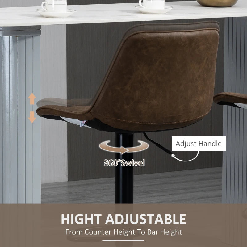 HOMCOM Adjustable Bar Stools Set of 2, Counter Height Barstools with Swivel Seat Round Steel Base and Footrest for Kitchen Counter Dining Room Pub, ‎Dark Brown
