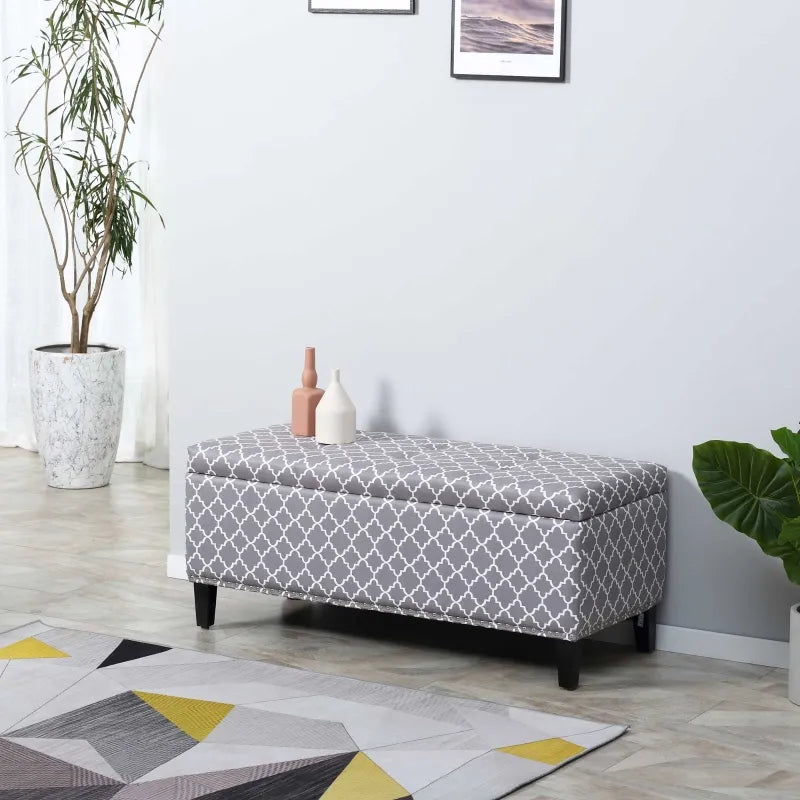 HOMCOM Large 42" Tufted Linen Fabric Upholstery Storage Ottoman Bench with lift-top for Living Room, Entryway, or Bedroom, Grey Lattice