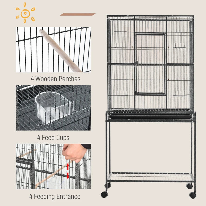 PawHut 30" Rolling Metal Bird Cage Feeder with Detachable Rolling Stand, Storage Shelf, Wood Perch & Food Container