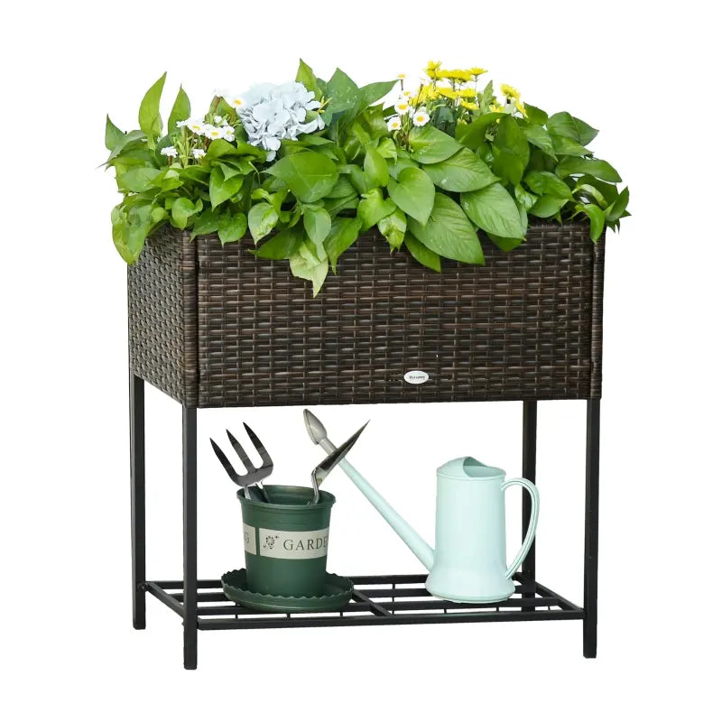 Outsunny Outdoor Flower Stand with legs, Rattan Wicker Look, Tool Storage Shelf, Portable Design for Herbs, Vegetables, Flowers, Brown