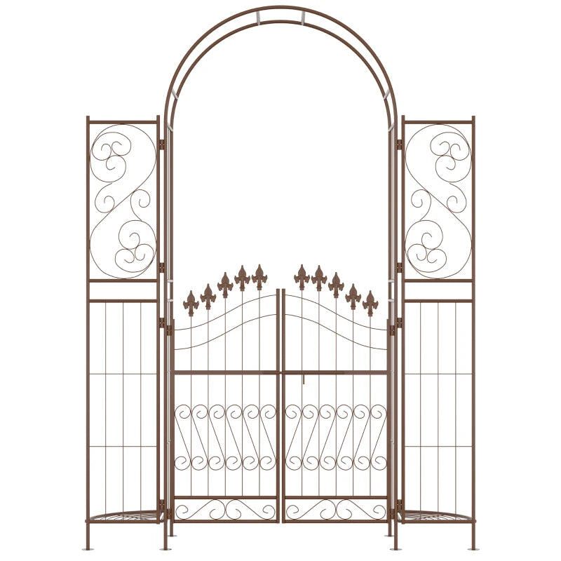 Outsunny 6.7' Steel Garden Arch Arbor with Scrollwork Hearts, Planter Boxes for Climbing Vines, Ceremony, Weddings, Party, Backyard, Lawn, Dark Gray