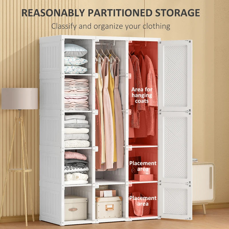 HOMCOM Portable Wardrobe Closet, Folding Bedroom Armoire, Clothes Storage Organizer with Cube Compartments, Hanging Rod, Magnet Doors, White