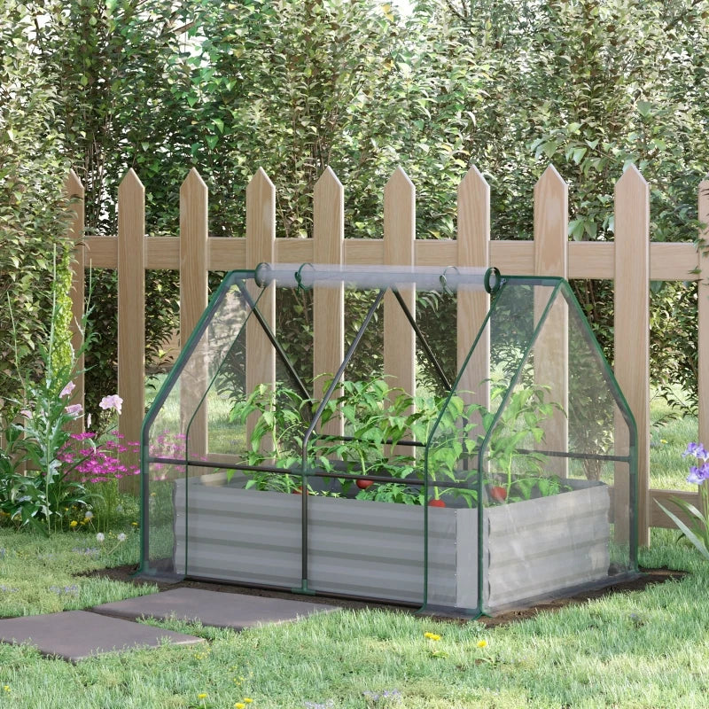 Outsunny Galvanized Raised Garden Bed with Mini Greenhouse Cover, Outdoor Metal Planter Box with 2 Roll-Up Windows for Growing Flowers, Fruits, Vegetables, and Herbs, 50" x 37.5" x 36.25", Clear