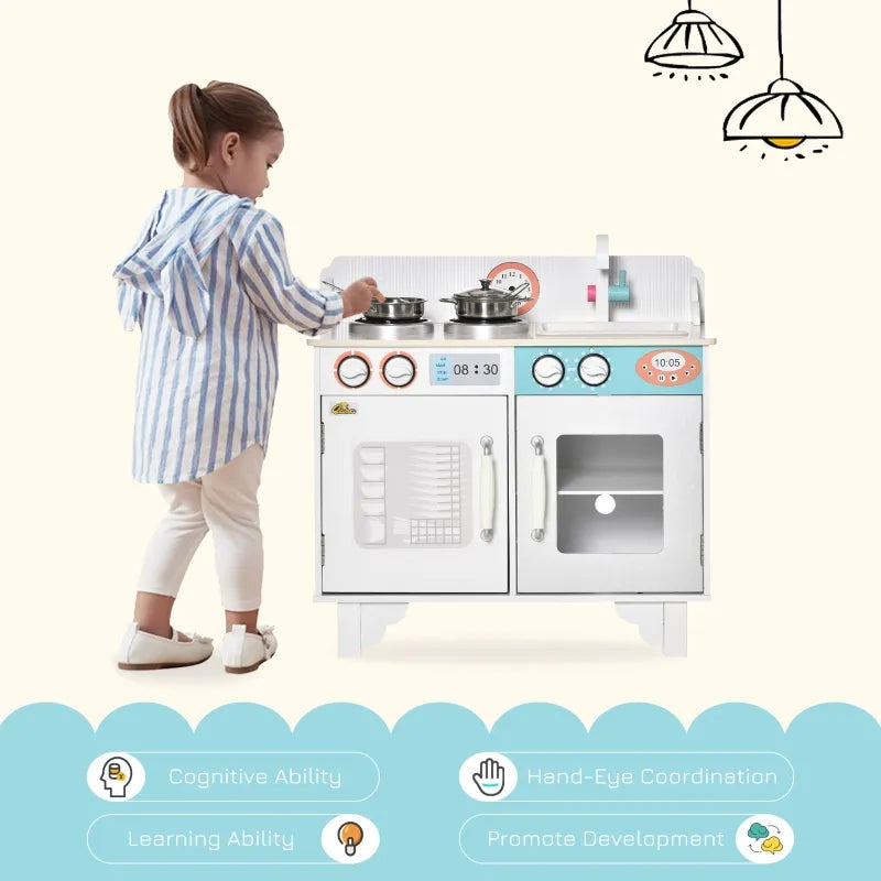 Qaba Wooden Pretend Play Kitchen with Sink, Clock, and Stove for Kids with Real Stainless Steel, Children Cooking Playset for 3-6 Years Old