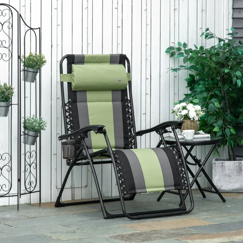 Outsunny XL Oversize Zero Gravity Recliner, Padded Patio Lounger Chair, Folding Chair with Adjustable Backrest, Cup Holder, and Headrest for Backyard, Poolside, Lawn, Striped, Green