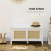 HOMCOM Entry Way Bench Shoe Storage Bench with Shoe Cabinets 2 Rattan Sliding Doors and Pine Wood Legs for Hallway White