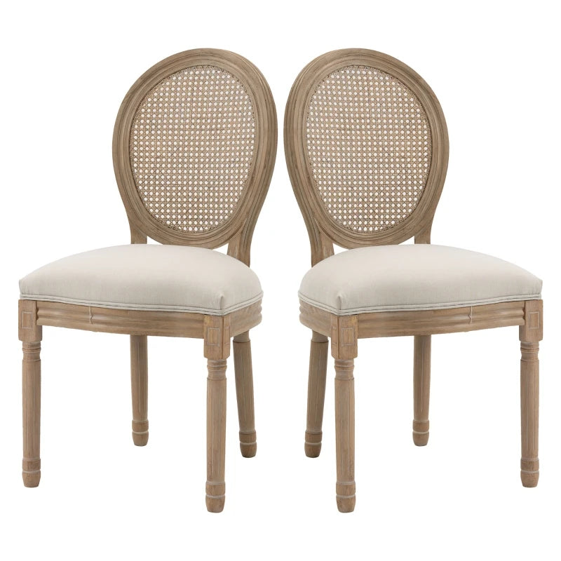 HOMCOM French-Style Upholstered Dining Chair Set, Armless Accent Side Chairs with Rattan Backrest and Linen-Touch Upholstery, Set of 2, Cream White