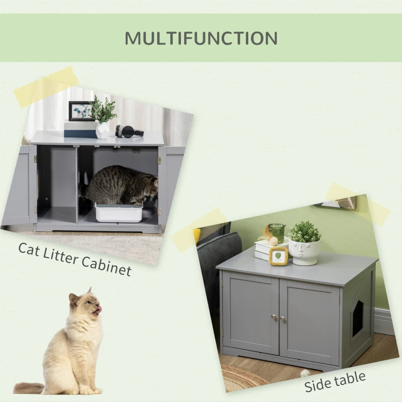 PawHut Cat Litter Box Enclosure with Adjustable Partition, Cat Washroom Side Table with Cat Hole, Hidden Litter Box with Double Magnetic Doors, for Indoor Use, White