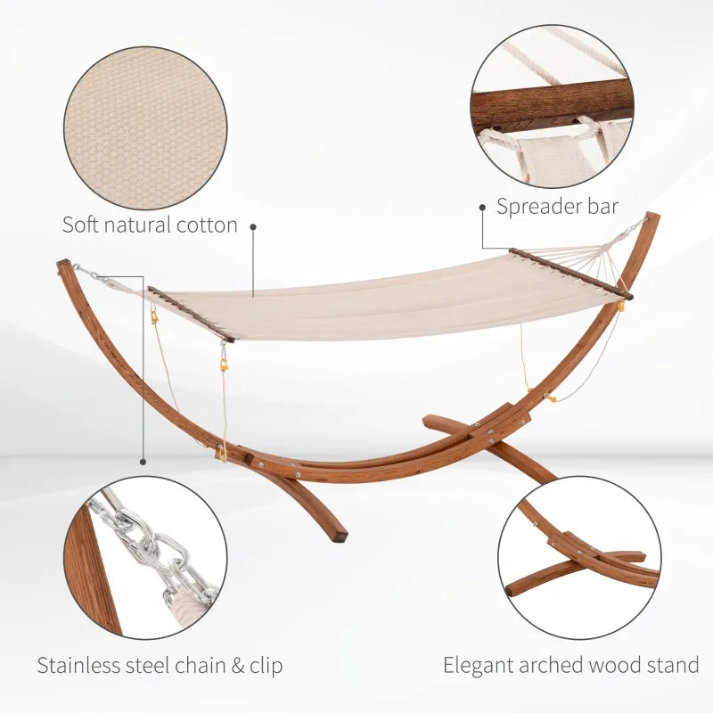 Outsunny Outdoor Hammock with Stand, Extra Large Heavy Duty Wooden Frame, No Tree Needed, 12.8' Indoor Outside Boho Style Nap Bed, Natural Cotton, White