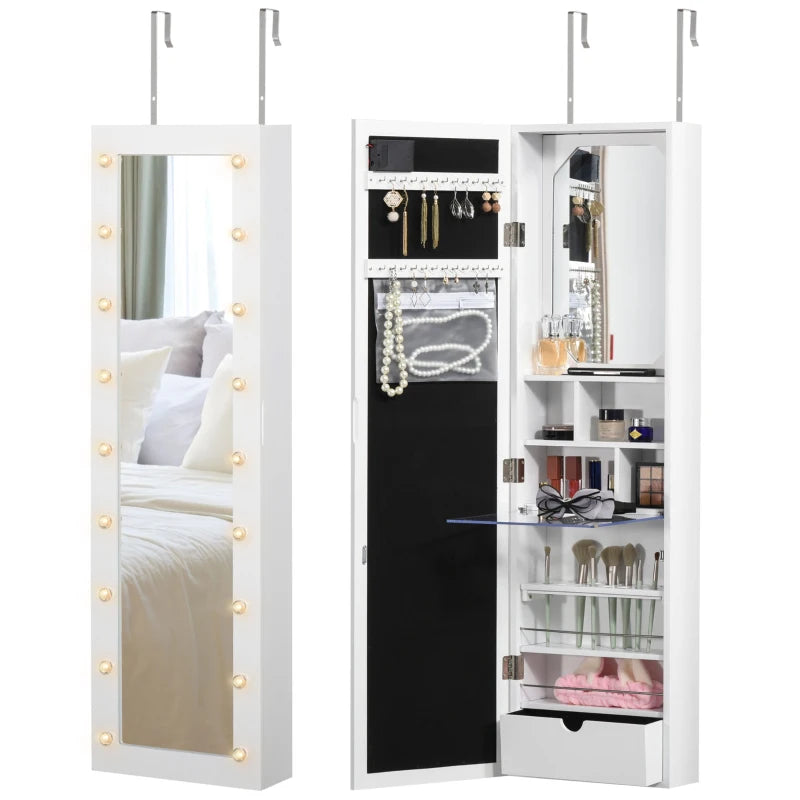 HOMCOM Jewelry Armoire with Mirror and 18 LED Lights, Wall-Mounted/Over-The-Door Cabinet with 3 Mountable Heights, White