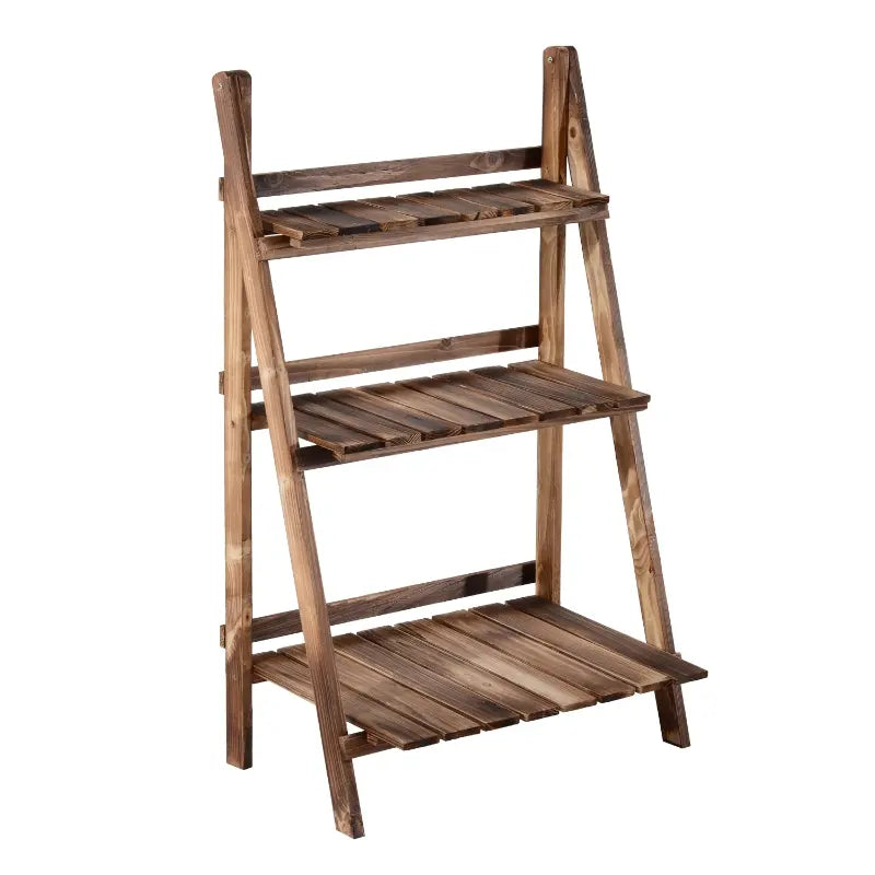 Outsunny 39'' Foldable Plant Stand, 3-Tier Wooden Flower Stand, Ladder Display Shelf with Slatted Bottom, for Garden Indoor Outdoor