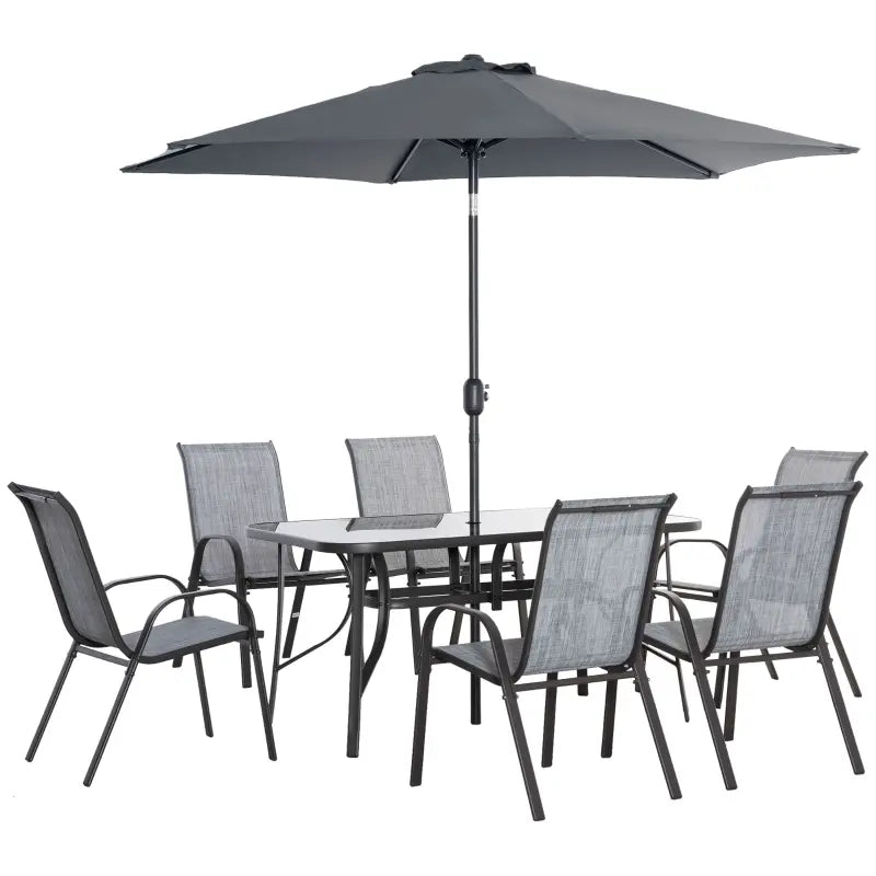 Outsunny 7 Pieces Patio Furniture Set with 9Ft Patio Umbrella, Outdoor Dining Table and Chairs, 6 Chairs, Push Button Tilt and Crank Parasol, Tempered Glass Top, Gray