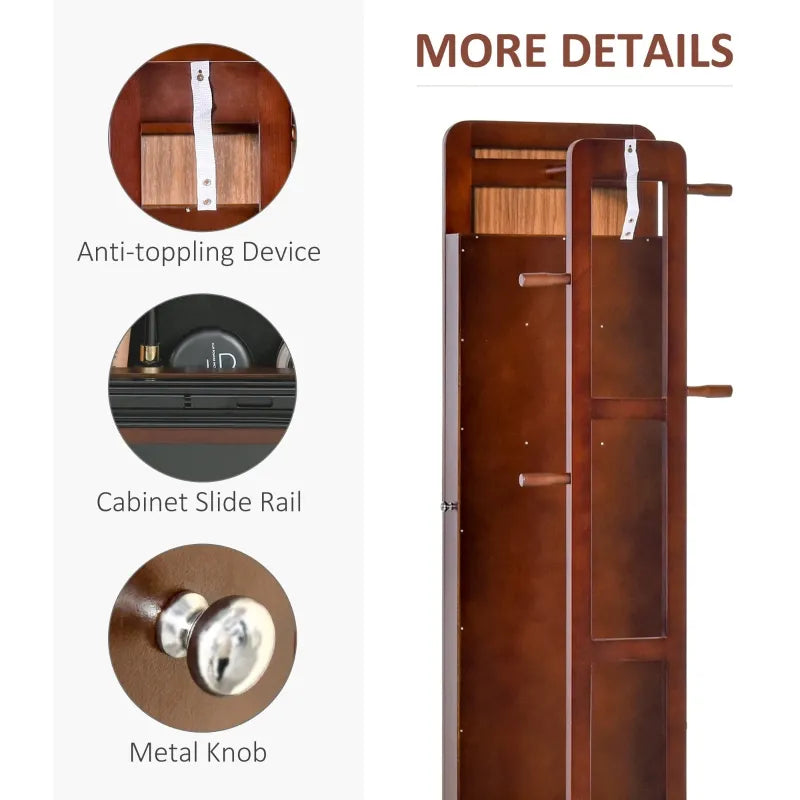 HOMCOM Full Length Glass Mirror with Hidden Jewelry Cabinet and Pine Wood Clothing Rack, Coffee Brown