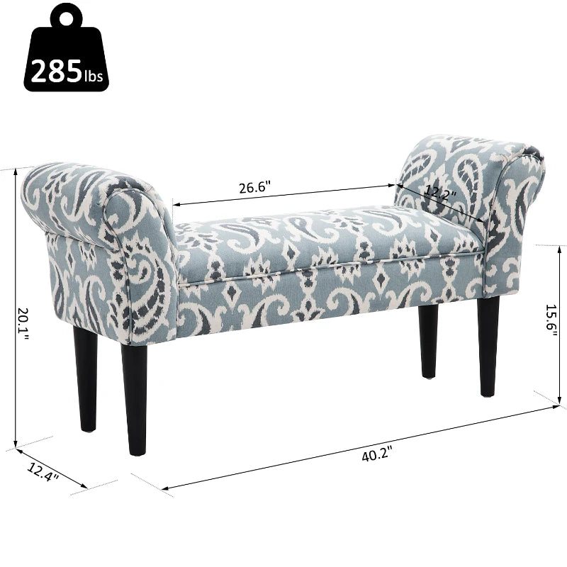 HOMCOM Linen Upholstered Vanity Accent Bench with Armrests - Blue Grey Paisley