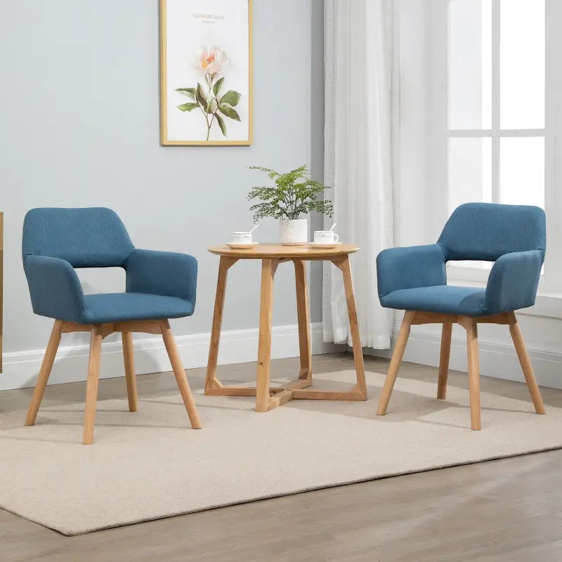 HOMCOM Set of 2 Modern Living Room Accent Arm Dining Chairs with Fabric Surface and Solid Wood Legs - Blue