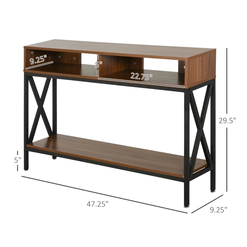 HOMCOM Industrial Style Entryway Console Table Desk with Shelf for Living Room, or Bedroom, Walnut Wood Grain and Black
