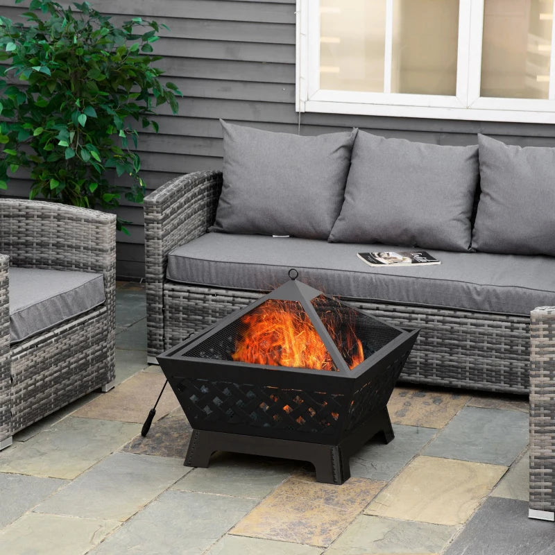 Outsunny 34" Outdoor Fire Pit Square Steel Wood Burning Firepit Bowl with Spark Screen, Waterproof Cover, Log Grate, Poker for Backyard, Camping, BBQ, Bonfire