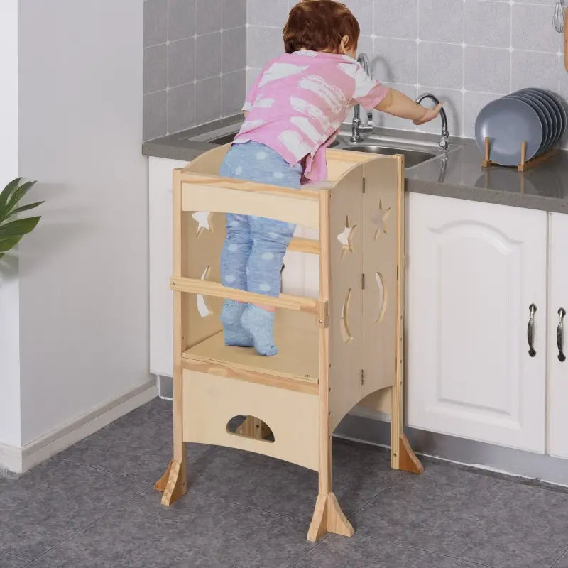 Qaba Kitchen Step Stool for Kids Wooden Foldable Helper Bathroom Stool for Toddlers with Support Handles Safety Rail, Natural