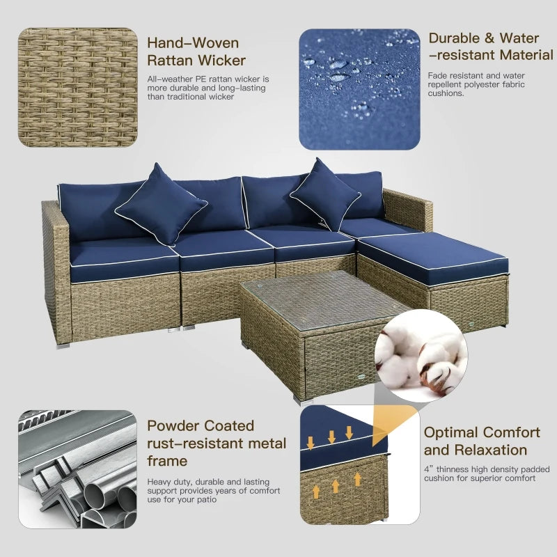 Outsunny 6 Pieces Patio Furniture Sets Outdoor Wicker Conversation Sets All Weather PE Rattan Sectional sofa set with Ottoman, Cushions & Tempered Glass Desktop, Charcoal