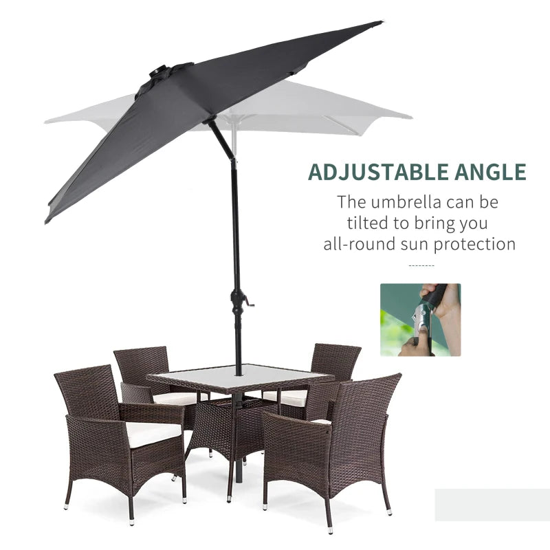 Outsunny 9' x 7' Patio Umbrella Outdoor Table Market Umbrella with Crank, Solar LED Lights, 45° Tilt, Push-Button Operation, for Deck, Backyard, Pool and Lawn, White