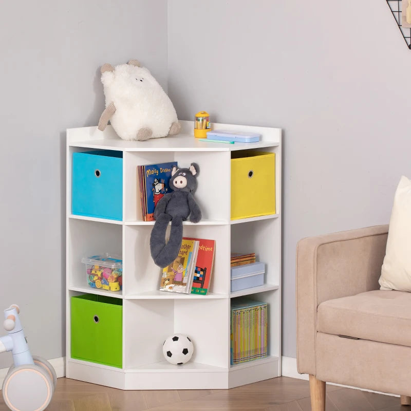 HOMCOM 9-Cube Kids Corner Storage Toy Cabinet Organizer Bookshelf w/ Fabric Drawer Bins-1