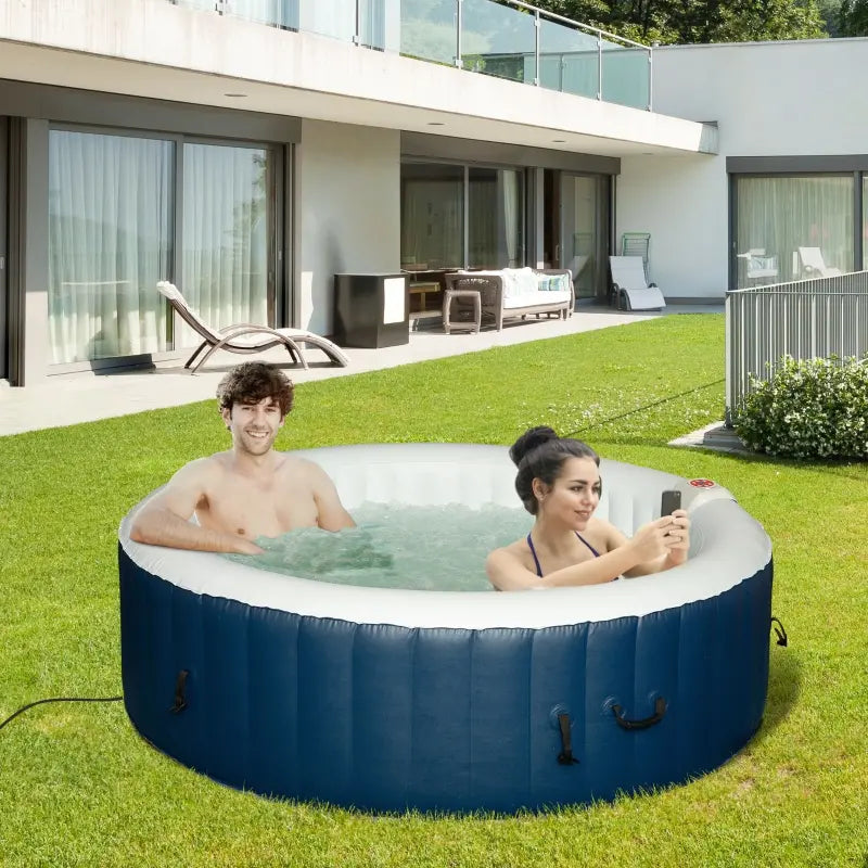 Outsunny 4-6 Person Inflatable Portable Hot Tub Spa 82'' x 26'' Outdoor Round Heated Spa w/ 130 Bubble Jets, Cover, Filter Cartridges - Blue