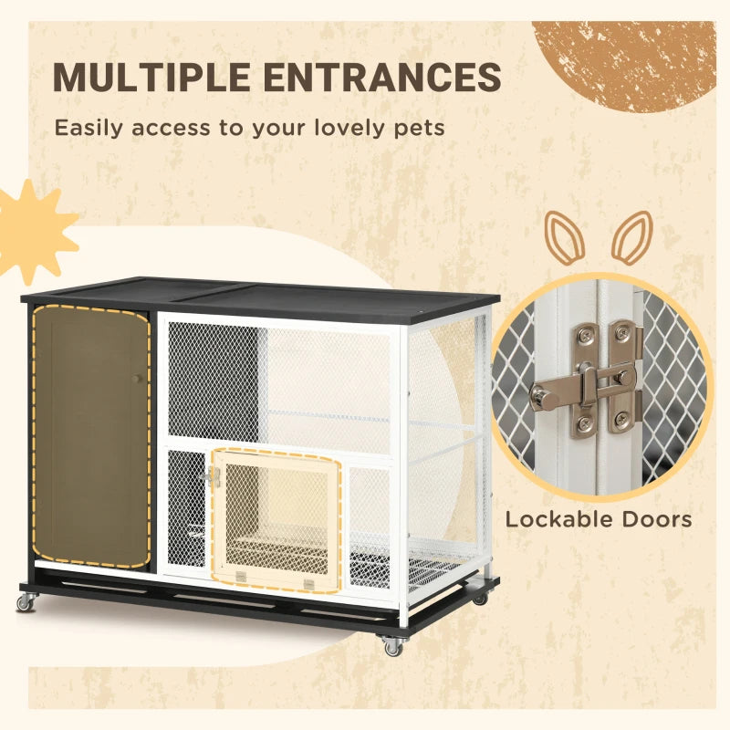 PawHut 43" Rabbit Hutch Indoor Outdoor with Wheels, 2 Tier Wooden Bunny Cage for Small Animals with Water Resistant Roof, Water Bottle, Run, No Leak Trays, Ramps