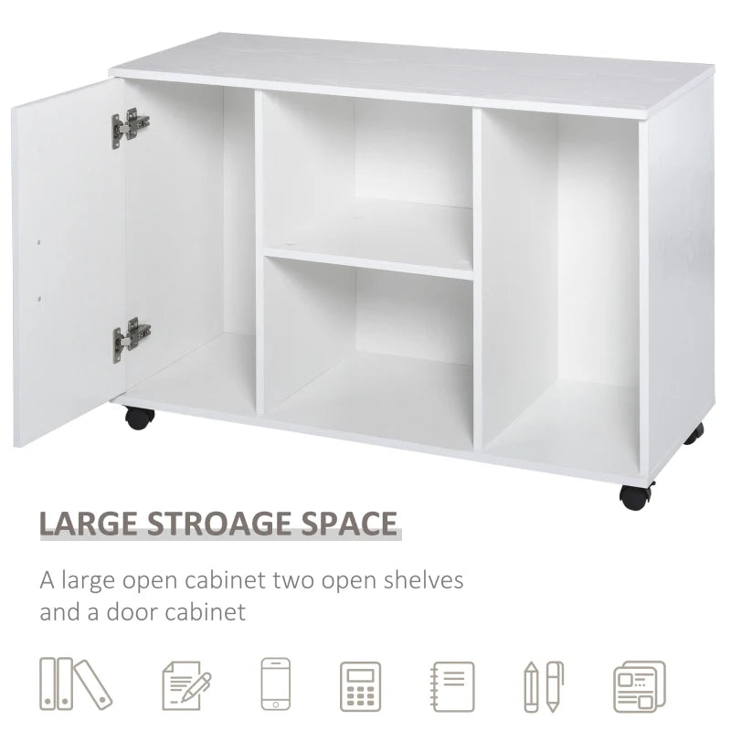 HOMCOM Wood Rolling File Cabinet Storage Organizer with 3 Large Open Shelves and Door Cabinet Door for Easy Storage and Mobility, White