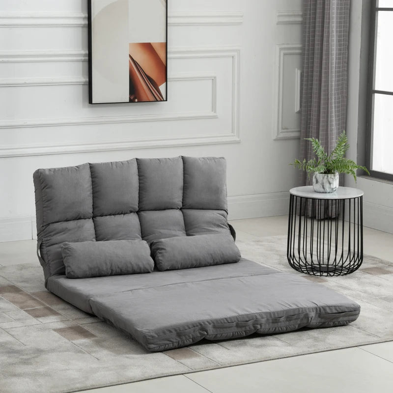 HOMCOM Convertible Floor Sofa Chair, Folding Upholstered Couch Bed, Adjustable Guest Chaise Lounge with Metal Frame and 2 Pillows, Grey