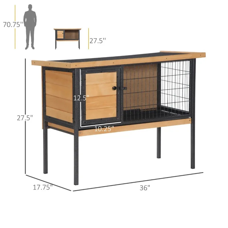 PawHut Rabbit Hutch Elevated Bunny Cage Small Animal Habitat with Metal Frame, No Leak Tray, Mtetal Wire Pan and Openable Water-Resistant Asphalt Roof for Indoor/Outdoor Natural Wood