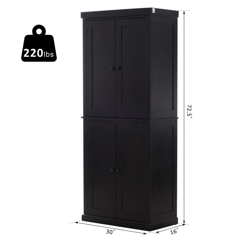 HOMCOM Natural Wood Grain Stand Alone Kitchen Pantry with Two Large Storage Areas and Adjustable Shelving - Black
