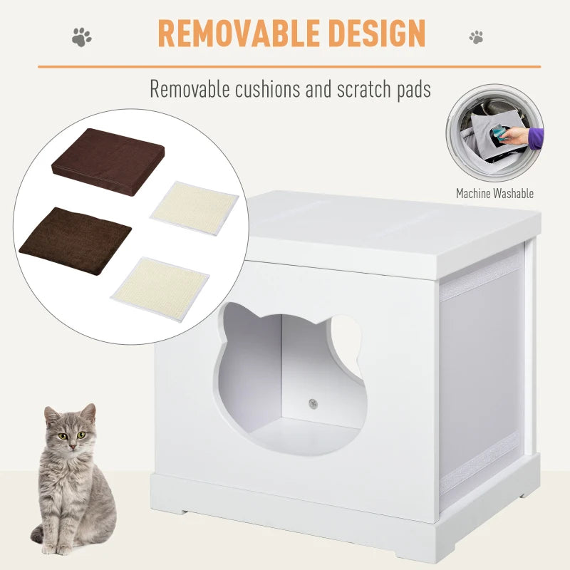 PawHut Wooden Cat Bed Cube House with Soft Padded Cushions, 2 Exterior Scratching Boards, & Interior Space, White