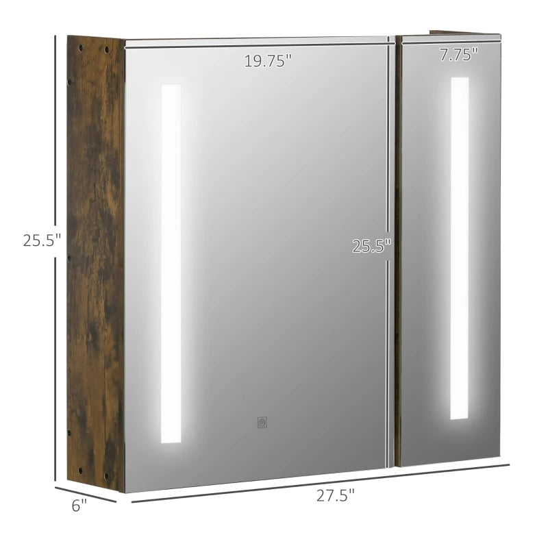 kleankin LED Lighted Medicine Cabinet with Mirror, 35.5"W x 25.5"H Wall Mounted Bathroom Cabinet with 3 Cupboards, Memory Function, USB Charge, High Gloss, Black