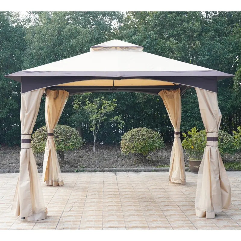 Outsunny 10' x 12' Outdoor Gazebo with Netting and Curtains, Patio Gazebo Canopy with 2-Tier Soft Top Roof and Steel Frame for Lawn, Garden, Backyard and Deck
