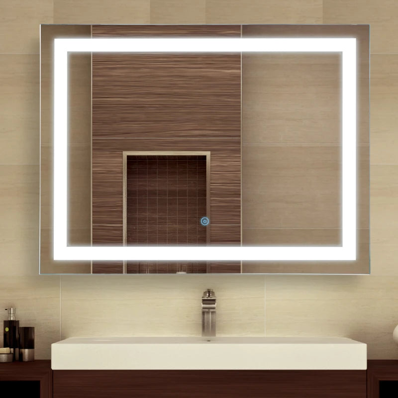 HOMCOM 28" x 20'' LED Illuminated Bathroom Mirror, Wall Mounted Vanity Mirror with Dimmable Memory Touch, Waterproof, Horizontally or Vertically, Silver