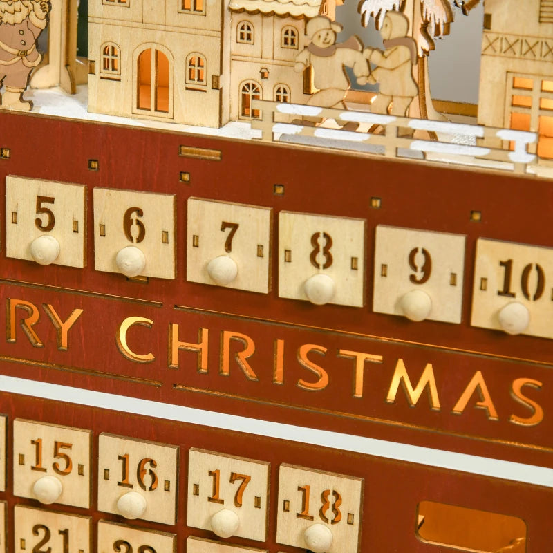 HOMCOM Christmas Advent Calendar, Light Up Wooden Bus Decoration w/ Village & Drawers