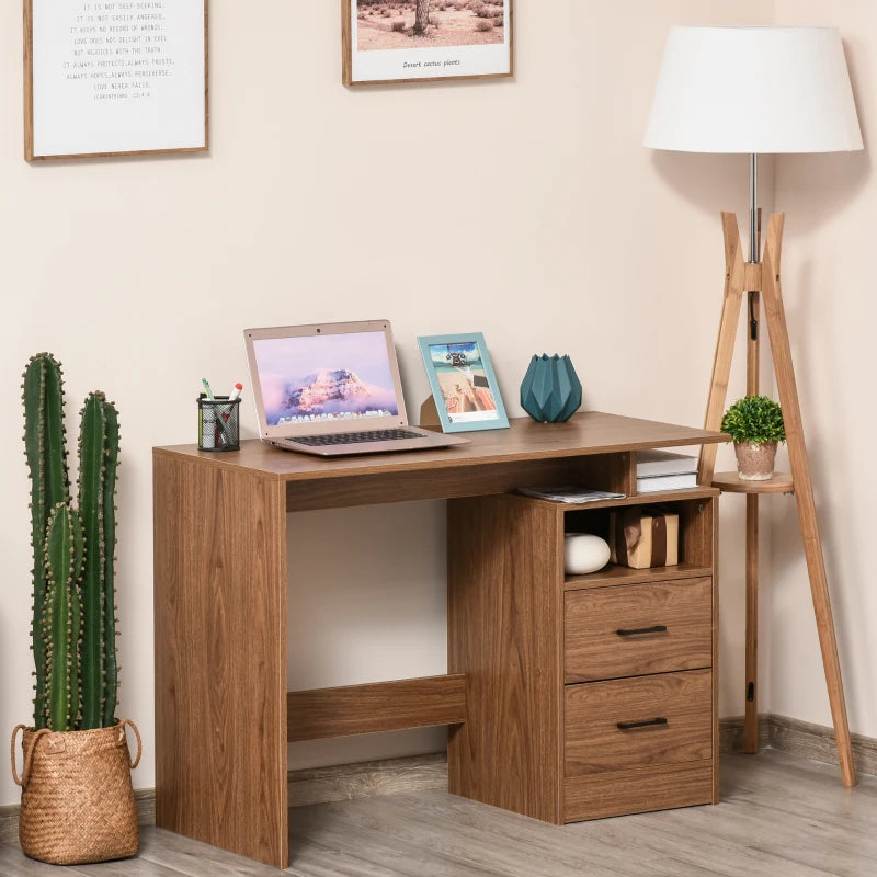 HOMCOM Compact Computer Desk with Split Open Shelves, 2 Pull Out Storage Drawers and Stable Wooden Frame - Walnut