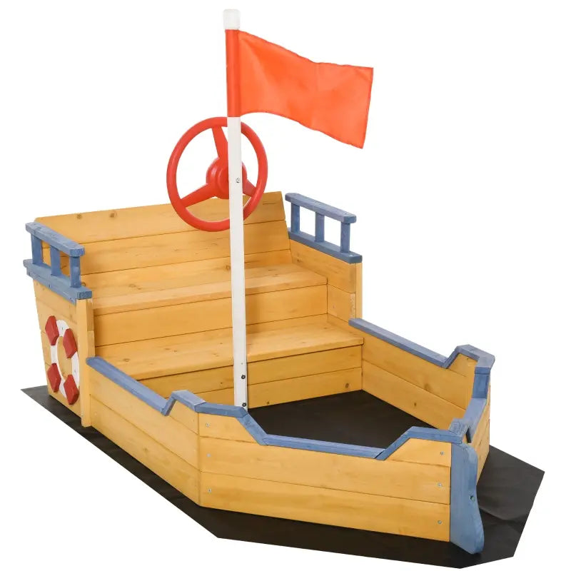 Outsunny Kids Wooden Sandbox Foldable Design, w/ Canopy, Seats, Flag, Aged 3-8 Years Old