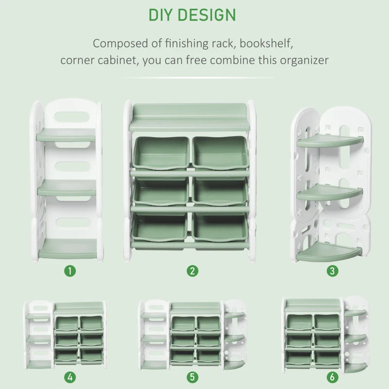 Qaba Childrens Toy Storage & Bin Organizer with 3 Separate Shelving  Sections 7 Shelves & 6 Removeable Bins Green Kids Organization Rack w/  Individual Removable