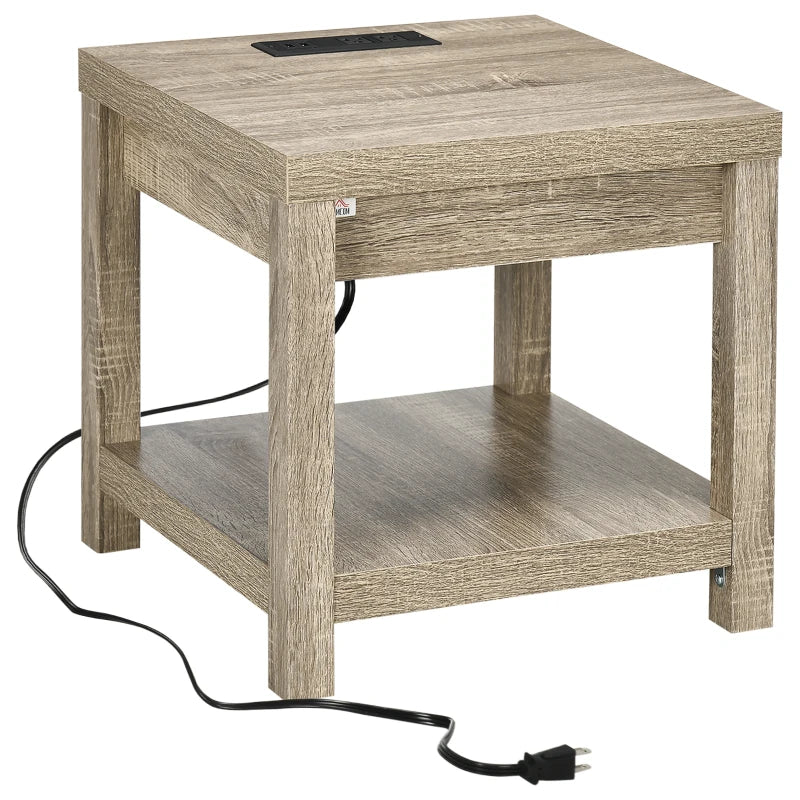 HOMCOM Storage End Table with Charging Station, Small Side Table, End Table USB Ports and Outlets, 17.75"x17.75"x17.75", Gray