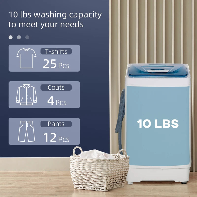 HOMCOM 2-In-1 Full Automatic Portable Washing Machine and Spin Dryer, 1.38Cu Ft Compact Laundry Washer with Wheels, Built-in Gravity Drain and 8 Programs for Apartment, Dorm, RVs, White