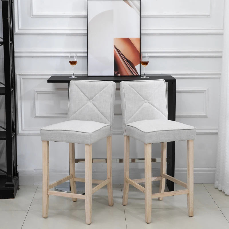 HOMCOM Modern Bar Stools Set of 2, Upholstered Barstools Kitchen Island Chair with Build-In Footrest, Solid Wood Legs, Beige